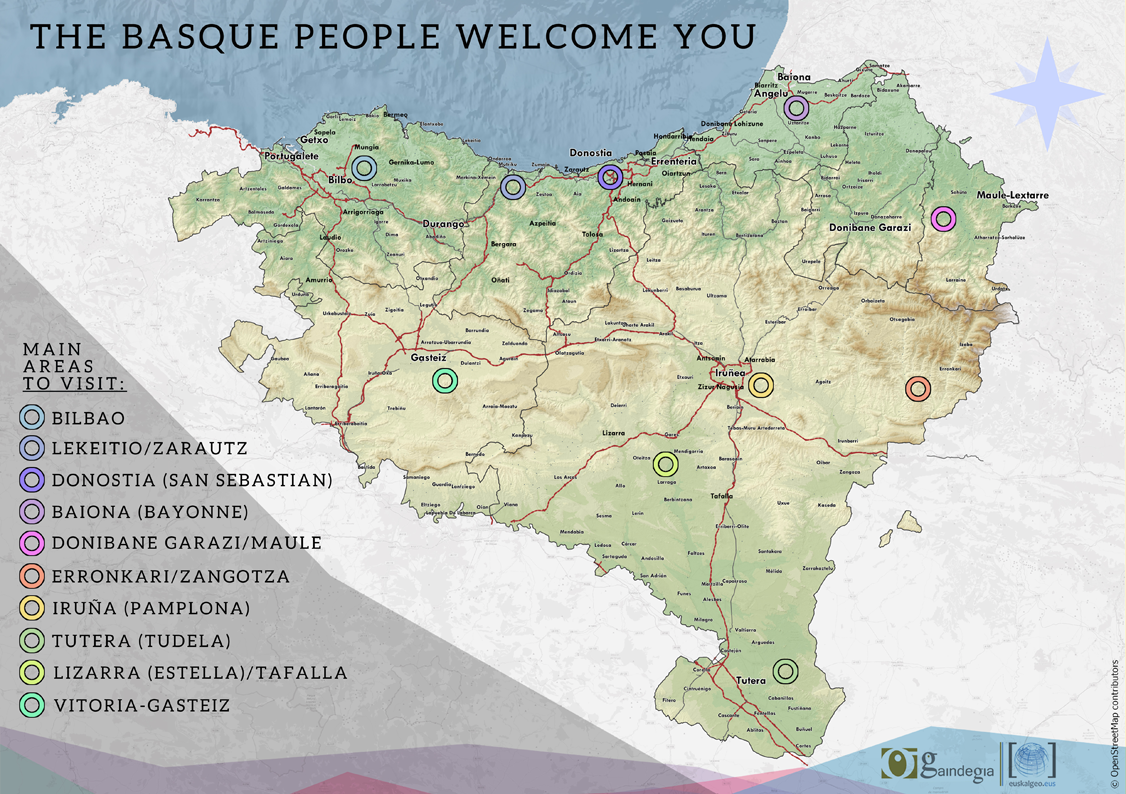 Euskal Herriko mapa turistikoa: aurrealdea, ingelesez